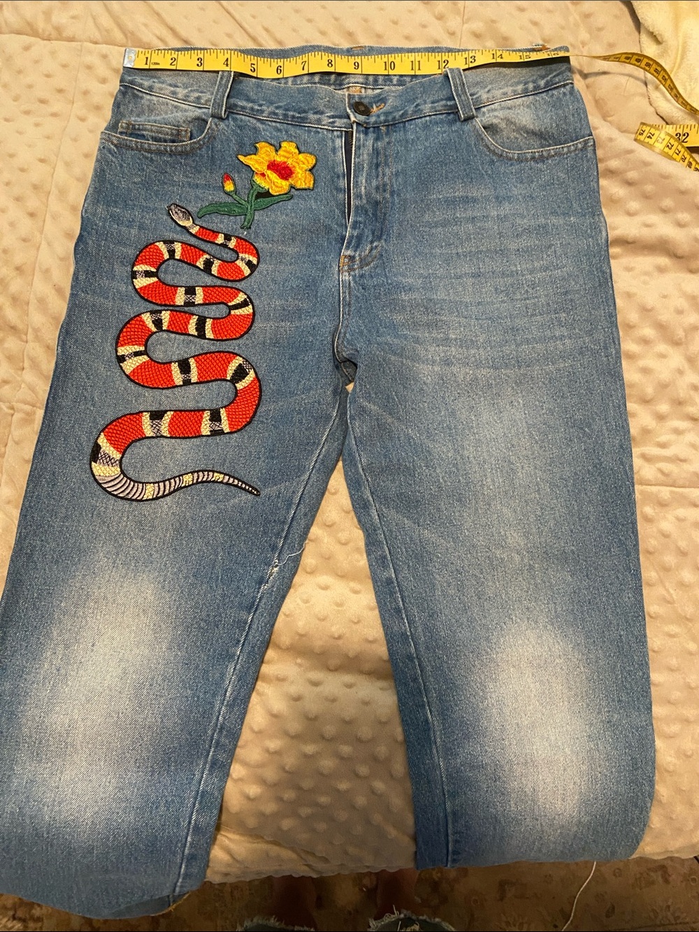 Gucci Blue Denim Jeans with Red Snake and Yellow Flower Embroidery